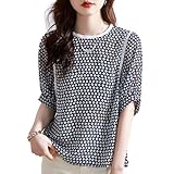 [J-Scott] 【在庫限り】[ジェイスコット] ドット柄シフォンブラウス レースネック シアー素材 五分袖 透け感 涼しげ 夏 オフィス ネイビー JS88-NV-XL