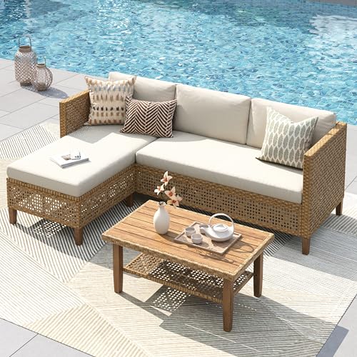PHI VILLA Wicker Patio Furniture Set, Outdoor L-Shaped Sectional Sofa...