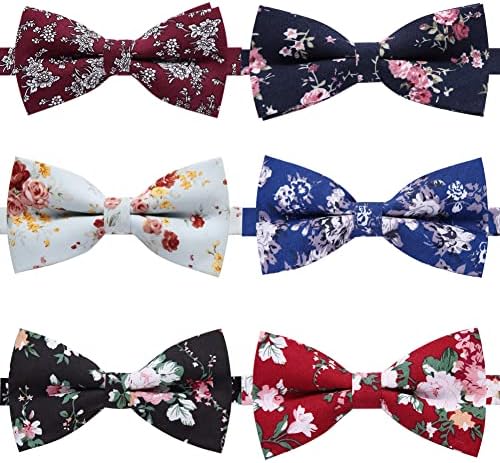 AUSKY 6 PACKS Elegant Adjustable Pre-tied Printed Floral bow ties for Men Boys in Cotton