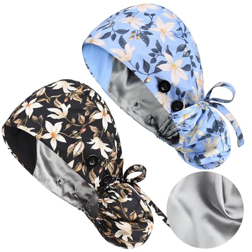 2 Pack Satin Lined Scrub Caps with Buttons & Sweathand, Surgical Caps for Women