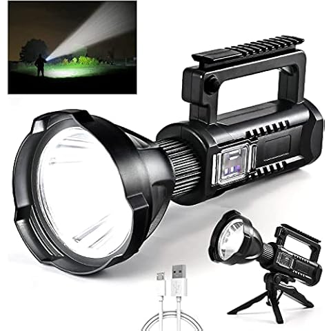 Led Torch - Powerful USB Rechargeable Handheld Flashlight, Super Bright 8000 Lumen 8000 mAh Portable Outdoor Torch with 4 Lighting Modes for Camping Hiking, IPX4 Waterproof Cover