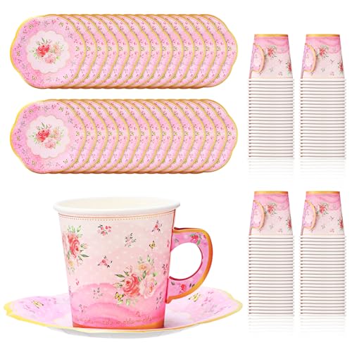 Rtteri 100 Pcs Tea Party Decorations - 50 Pcs Disposable Pink Floral Tea Cups & Saucers - 6.5 oz Capacity - Ideal for Tea Parties, Birthdays & More