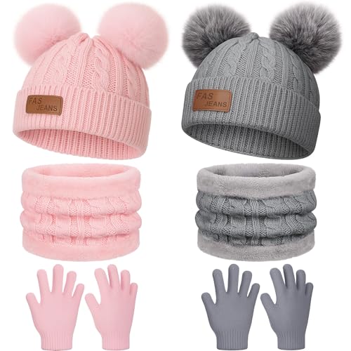 Handepo 2 Set Kids Winter Hat Scarf Gloves Set Warm Toddler Knit Beanies Gloves Neck Warmer for Boys Children Girls