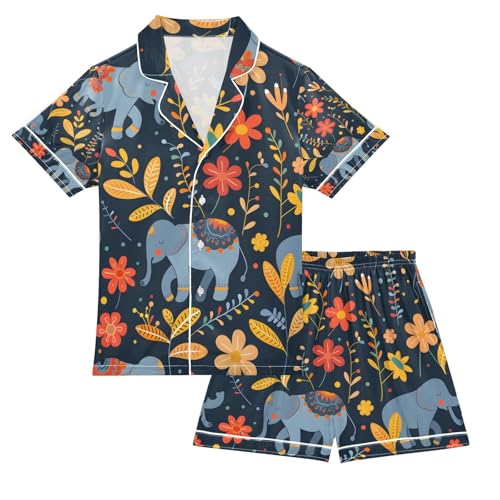 senya Elephants and Flowers 1 Satin Summer Pajama Sets Silk Short Sleeve Button Down Sleepwear