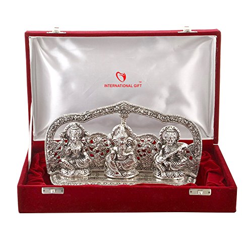 INTERNATIONAL GIFT® Silver Laxmi Ganesh Sarswati Idol Statue Oxidized Finish with Red Velvet Box Packing with Beautiful Carry Bag (14 cm X 25 cm X 5 cm) INTERNATIONAL GIFT® Silver Laxmi Ganesh Sarswati Idol Statue Oxidized Finish with Red Velvet Box Packing with Beautiful Carry Bag (14 cm X 25 cm X 5 cm)
