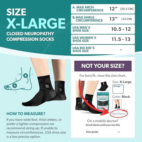 Image of BraceAbility Closed Toe Diabetic Socks - XL Neuropathy Socks for Women and Men, Foot Pain Relief, Circulation, Anti-Neuropathy, Foot Fatigue, Compression Nerve Support - 1 Pair (X-Large Black)