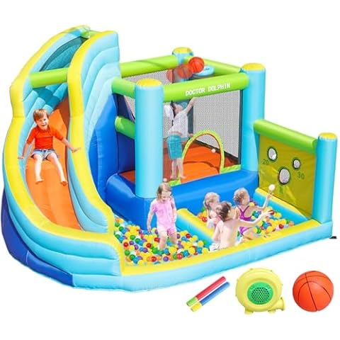 Doctor Dolphin Inflatable Bounce House with Slide, Kids Bounce House with Water Slide, Bouncy House Indoor Outdoor, Jump House Bouncy Castle for Wet and Dry(450W Blower Included) Cover