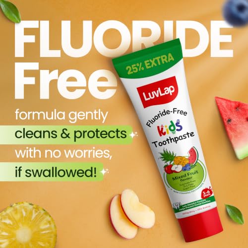 Image of LuvLap Baby Toothpaste for Kids 80gm + 25% Extra, Mix Fruit Flavour, SLS & Fluoride Free Baby Toothpaste, Removes Plaque, Prevents Bacteria & Cavities, Ensures Healthy Teeth & Gums, 12M+(Pack of 1)