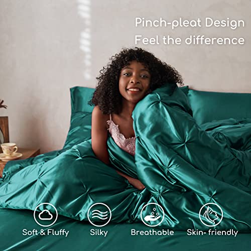 MR&HM Satin Comforter Twin 5 Pieces - Luxurious Pinch Pleat Bedding Set with Comforter, Flat Sheet, Fitted Sheet, Pillowcase & Sham, Super Silky Soft Bed Set for All Season (Twin, Peacock Green)
