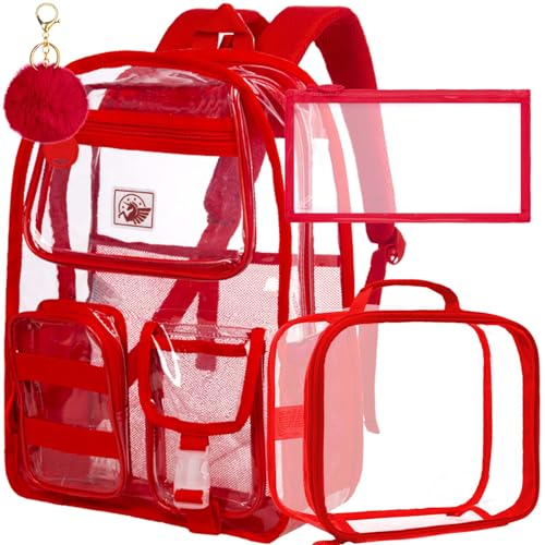 Clear Backpack for Girls Women, Heavy Duty PVC Transparent BookBag, Cute See Through School Bags for Teens Elementary - Red
