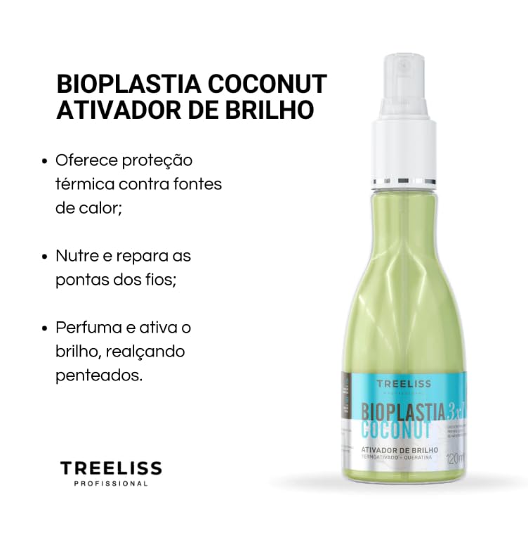 Tree Liss Bioplastia Coconut 3x1 Gloss Activator 120Ml Intense Shine Silky Soft Thermoprotector Keratin Coconut Oil