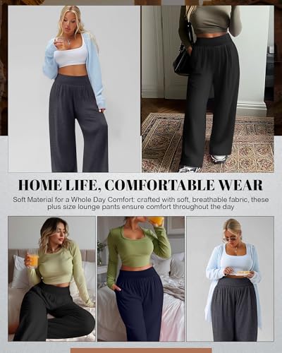Neer 3 Pack Women Plus Size Wide Leg Yoga Pants High Waist Sweatpants Plus Size Palazzo Pants Lounge with Pockets4