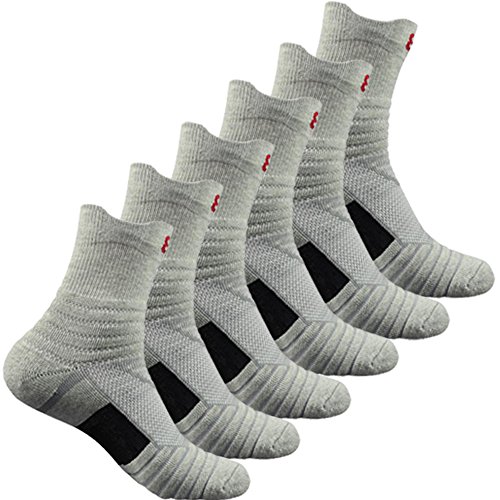 Belisy Mens Athletic Compression Crew Ankle Quarter Socks 6 Packs For Basketball & Running Grey