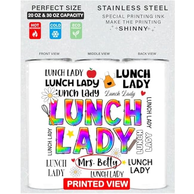 Lunch Lady Personalized Tumbler 20oz Stainless Steel Vacuum Insulated Skinny Cup with Custom Name for Back to School Durable Teacher Gift