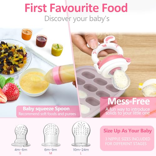 Image of WAJIAYON Baby Fruit Feeder Pacifier - 6 Pack | 2 Infant Food Feeder Pacifier & 2 Baby Food Dispensing Spoon | Fresh Fruit Teethers for Babies | Silicone Feeder Babies,Infant Teething Feeders -Pink