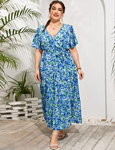 Image of ShopWonder Womens Plus Size V Neck Wrap Maxi Dress High Waist Ruffle Summer Casual Dress with Belt
