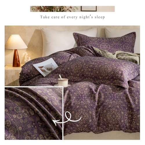 VM VOUGEMARKET Full Duvet Cover Set Purple Green Floral Pattern,3 Pieces Reversible Boho Medallion Jacquard Flower Bedding Set,Linen Cotton Yarn-Dyed Textured Duvet Cover with Zipper Closure
