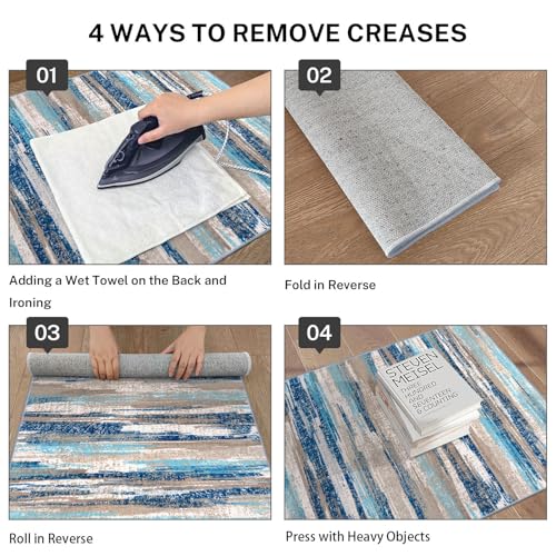 Lansny Modern Abstract 8x10 Large Machine Washable Living Room Rug Non-Slip Soft Bedroom Area Rug Blue Ultra Thin Print Faux Wool Carpet Throw Rugs for Nursery Playroom Dining Room Indoor Office - Image 4