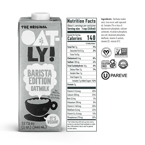 Oatly Barista Edition Oat Milk - Crafted for Coffee | Dairy-Free, Plant-Based, Shelf-Stable Milk that makes Perfect Foam (32 oz, 12-pack)