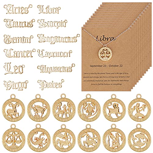 Kenning 36 Pieces Twelve Zodiac Stars Pendants Set, 2 Styles Zodiac Alphabet Charms Zodiac Graph Sign Pendants, Jewelry Display Cards for DIY Pendants Jewelry Necklace Bracelets Crafts Decorations