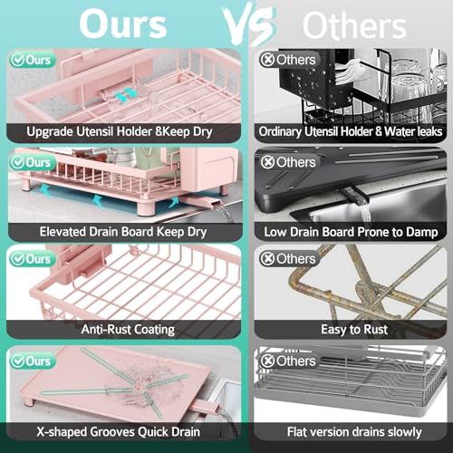 Image of Multifunctional Dish Drying Rack - Rustproof, 2-Tier Dish Racks with Drainboard, Space-Saving Design, Utensil & Cup Holder for Kitchen Counter, Pink