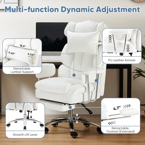 Image of DUMOS Ergonomic Home Office Desk Chair, Executive Chair, PU Leather | Big Tall High Back, Lumbar Support, Reclining Height Adjustable, Computer Gaming, Footrest Swivel Wheels, Snow White