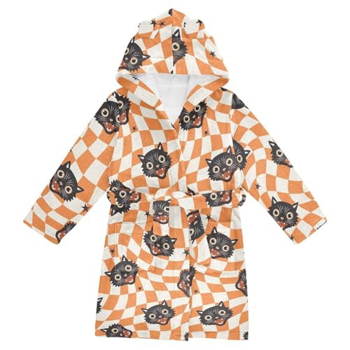 WIFIU Toddler Baby Hooded Bathrobe for Boys Girls Halloween Checked Black Cats Printed, Soft Plush Bath Towel Robe with 2 Pockets for 7-9 Years