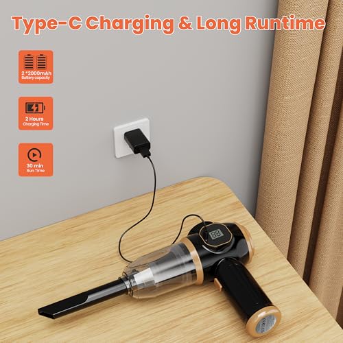 Image of Brushless Motor Portable Cordless Car Vacuum Cleaner - 25000 Pa High Power, LCD Display, Rechargeable Handheld Vacuum for Car, Home, Office | Efficiently Removes Pet Hair, Sofa (Black & Gold)