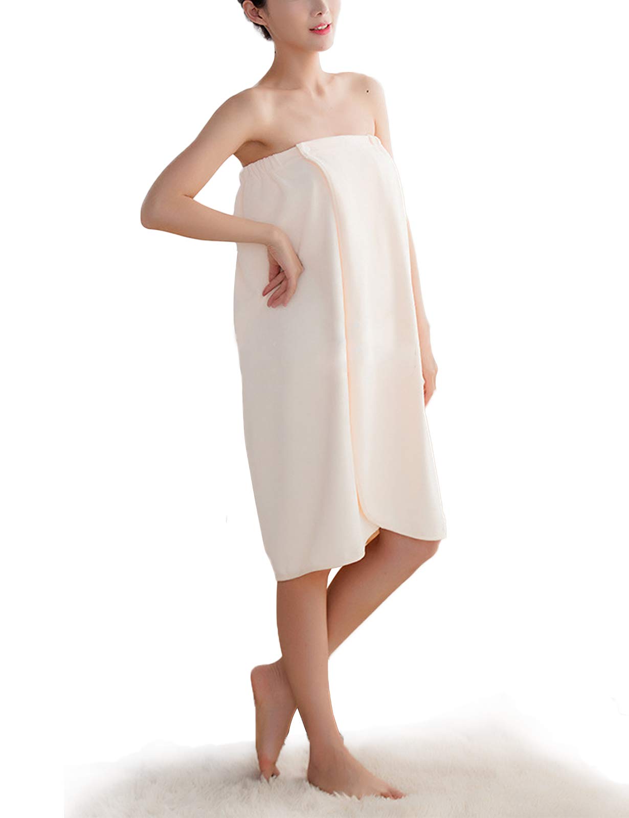 JUNMITY Womens Spa Wrap Pure Color Cover Up Tower Beach Swimming Spa, Shower, Bath and Gym Towel with Snaps Cream