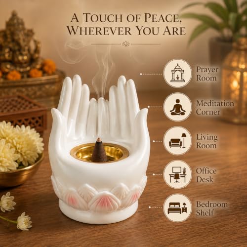 Image of Ekhasa White Lotus Buddha Hand Incense Stick Holder with Ash Catcher