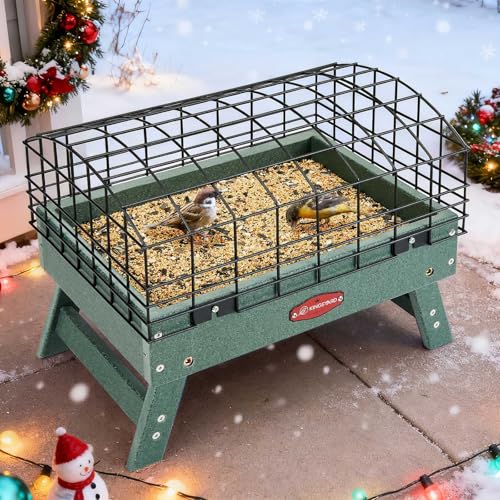 Kingsyard Squirrel Proof Ground Bird Feeder for Outdoors - Recycled Plastic Platform Feeding Station, Fly-Through Metal Caged Wild Bird Feeder for Small Birds, 5 LBS Large Capacity, Green