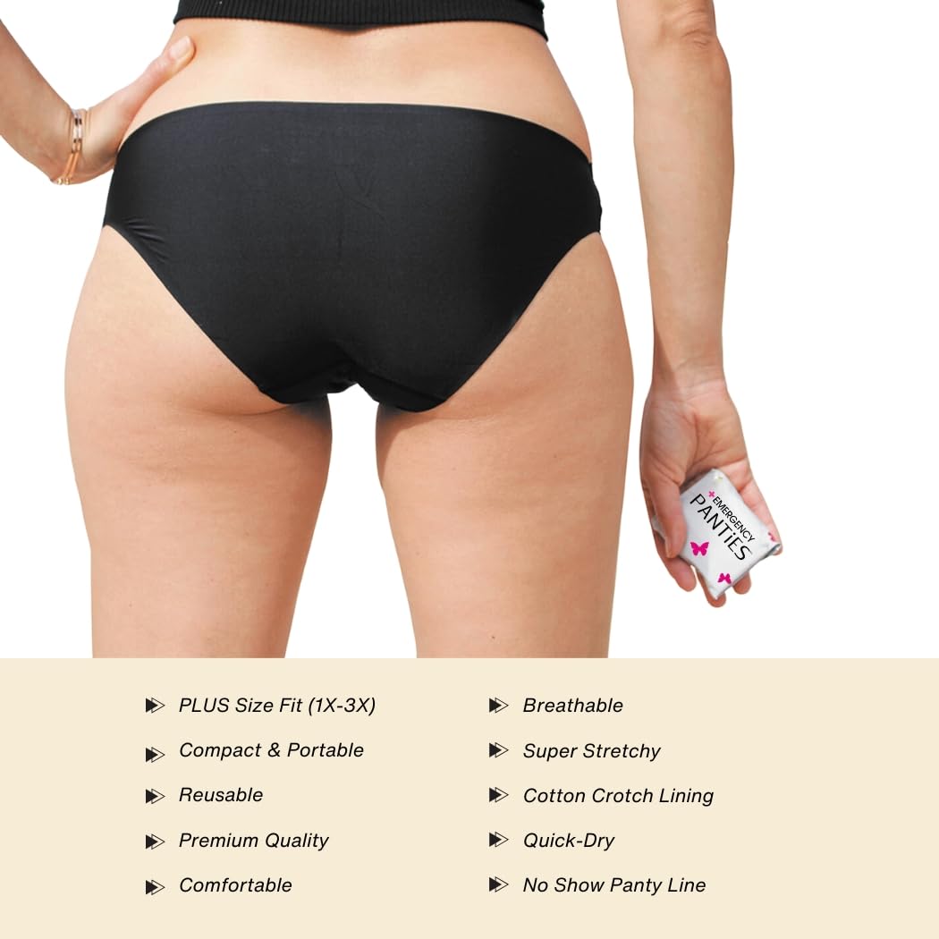Bragas de emergencia 4 en 1 = ropa interior sin costuras, paño fresco y forro para accidentes de viaje, kit de aseo para viajes, talla grande, bikini negro 1X-3X