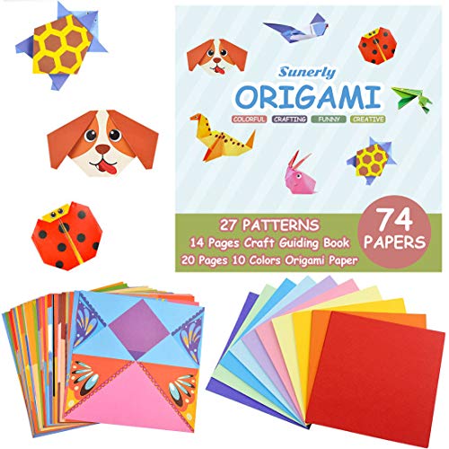 Sunerly Kit de Origami Colorido Libro instructivo de 14 páginas 74 Papeles de Origami vívidos de Doble Cara 27 Proyectos Origami para niños Clases de capacitación