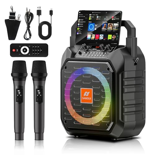 SANSUI D69 Karaoke Machine, Portable Bluetooth PA Speaker with 2 Wireless Microphones & Colorful Lights, Karaoke System for Kids Adults, Supports USB/TF/REC/FM/AUX for Home Party