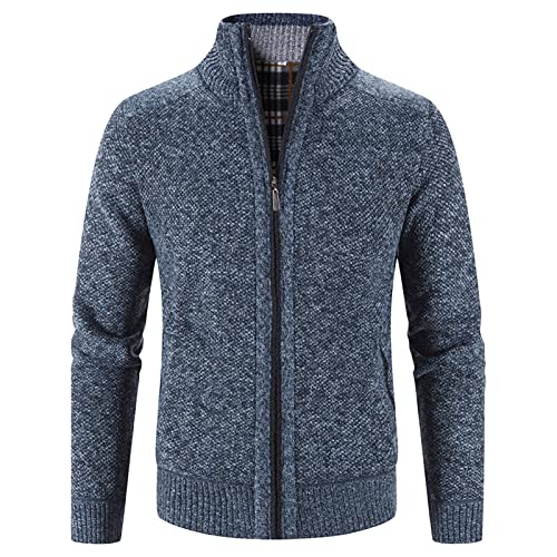 Men's Full Zip Up Cardigan Sweaters Regular Fit Flannel Lining Knitted Cardigans Zipper Thick Knit Sweater Coat (Blue,Medium)