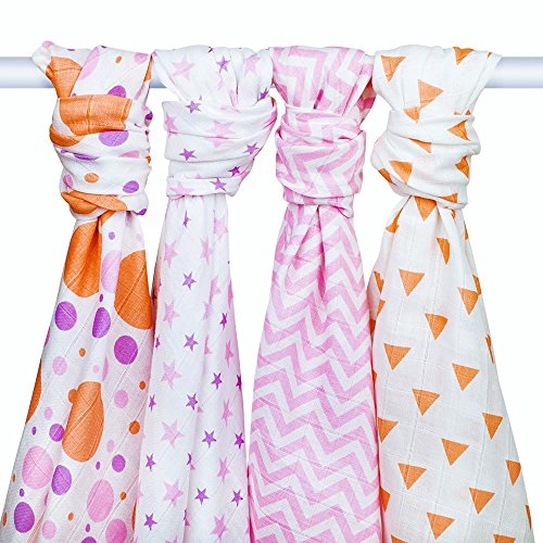 PREMIUM SOFT FOUR PACK MUSLIN SWADDLE BLANKETS - 4 Baby Girl Receiving Blankets - Large 47x47 Swaddling Blanket - Cotton Baby Swaddle Wrap For Girls - 100% Soft Cotton Pink Baby Blanket Set