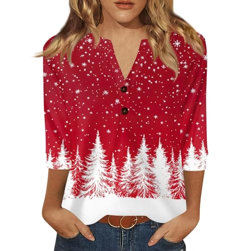 Damen Weihnachts-Schneeflocken Langarm Druck Weihnachts Blous Weihnachten Longshirt Shirt Weihnachtspullover Elf Weiß Merry L