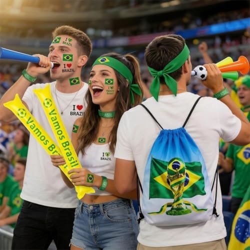 KINFAVOU 2026 World Cup Brazil Soccer Fan Gear Set, 7-Piece Drawstring Backpack Decoration & Storage Set for World Cup & Patriotic Holidays - 1