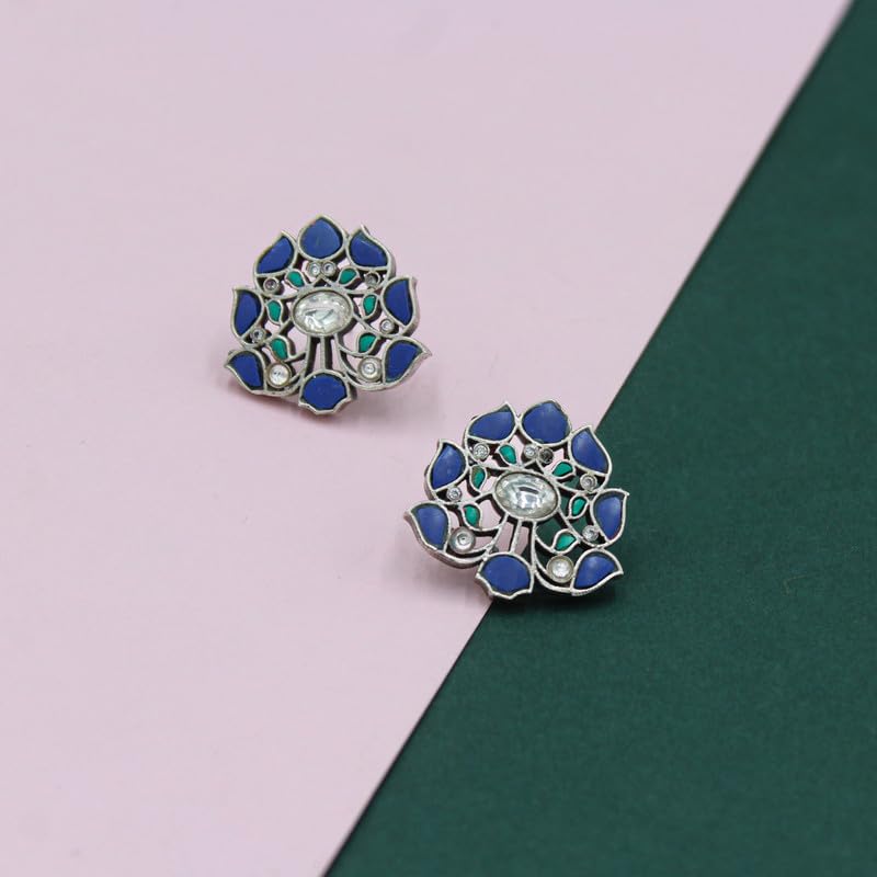 Sangeeta Boochra 925 Sterling Silver Blue Lapis with Kundan Floral Earring | Fine Jewellery for Women & Girls | Certificate of Authenticity and 925 Stamp | Handcrafted - Image 2