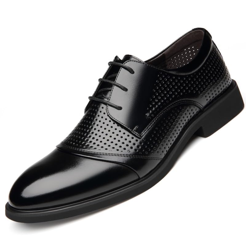YZABEL Men's Patent Leather Oxford Dress Shoes, Summer Breathable Hollow Lace-Up Business Casual Shoes, Soft-Soled Non-Slip for Formal and Everyday Wear
