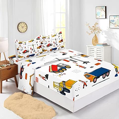 CVHOUSE Excavators Fitted Sheet Twin Size,Tractor Bedding Sets for Boys,Machinery Tractor Construction Site Cars Bed Sheet Set,1 Flat Sheet & 1 Fitted Sheet with 2 Pillow Cases - 4 Piece Cover