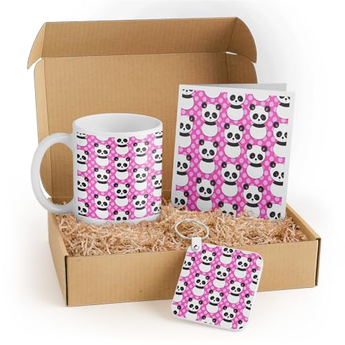 3dRose Cute Panda Bear Gift Set – Mug, Card, and Keychain with Pink Polka Dots – Ideal Birthday Gift for Kids and Animal Lovers