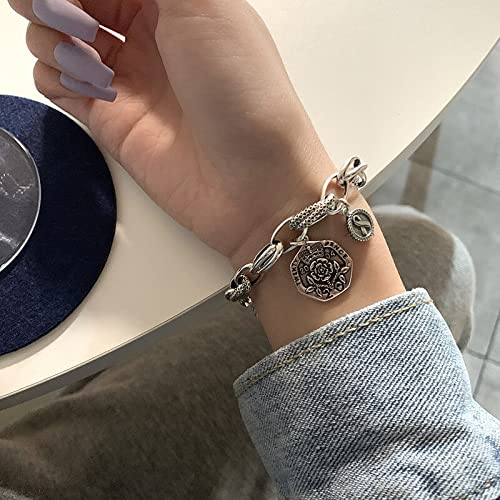 Pulsera de Plata de Ley 925 con Moneda geométrica para Mujeres y Hombres, Pulsera de Plata tailandesa Vintage, joyería Cover