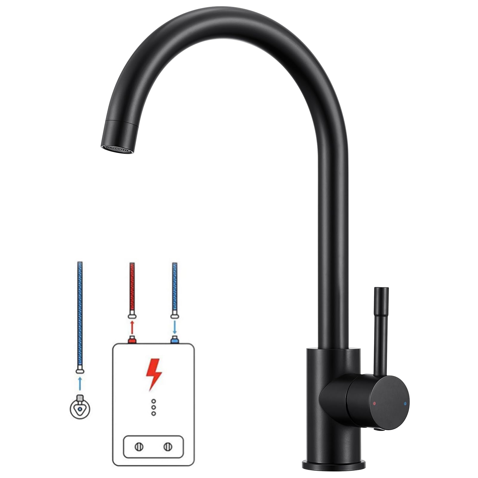 Niederdruck Armatur Küche Schwarz für Durchlauferhitzer - Wasserhahn für Boiler - 360° Drehbar Küchenarmatur Niederdruck - Niederdruckarmatur mit 3 Anschlüsse - Mischbatterie für Untertischboiler