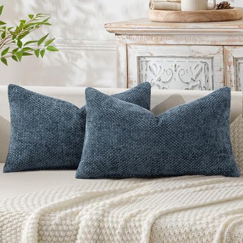 Image of MIULEE Pack of 2 Lumbar Couch Throw Pillow Covers 20x12 Inch Coastal Navy Blue Modern Boho Accent Decorative Pillow Covers Soft Chenille Farmhouse Cushion Covers for Home Decor Bed Sofa Living Room