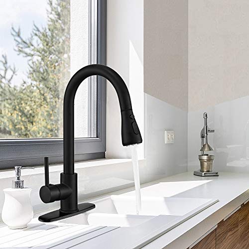 Hoimpro Commercial High-Arc Single Handle Kitchen Sink Faucet With Pull Out Sprayer,Rv Kitchen Faucet With Pull Down Sprayer,3 Function Touch On Laundry Water Faucet, Brass/Matte Black(1 Or 3 Hole) #TOP1