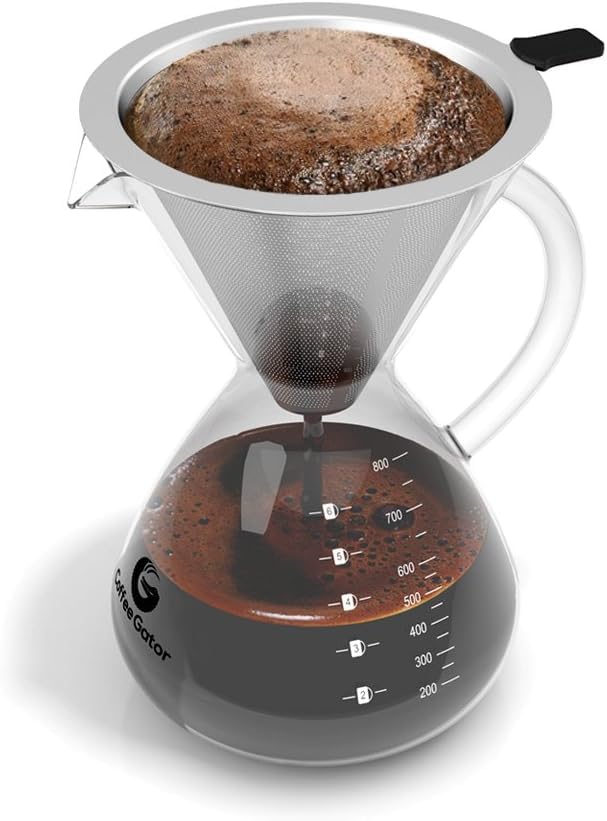 Image of Coffee Gator Micro-Mesh Stainless Steel Pour Over Coffee Filter, Reusable Permanent Metal Coffee Filter for 27 oz (800 ml) Pour Over Brewers, Fits Most Mugs, Tea & Coffee Cups