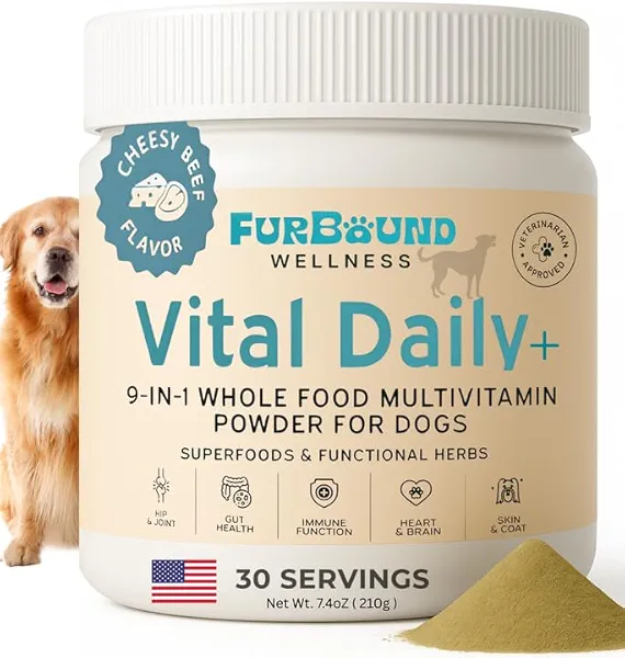 FURBOUND Dog Multivitamin Powder | 9-in-1 Whole Food Dog Vitamins and Dog Supplements That Supports Joint, Digestion, Skin & Coat, Immune, Cognition, Detox, Heart, Antioxidants (Cheesy Beef Flavor)