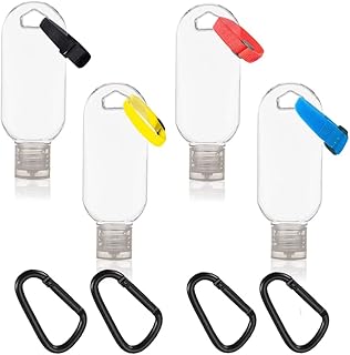 Hand Sanitizer Holder Bottles with Keychain Empty Mini Squeeze Travel Size Bottles with Clip Plastic Portable Cosmetic Containers with Stickers and Fasteners for Liquid 50ml Leakproof Flip Cap 4 Pack