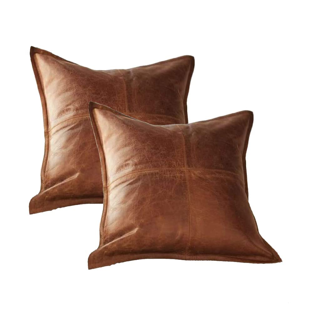 LL Leather Lovers 100% Lambskin Leather Pillow Cover - Sofa Cushion Case - Decorative Throw Covers for Living Room & Bedroom, 16x16 Inches - Antique Brown Pack of 2